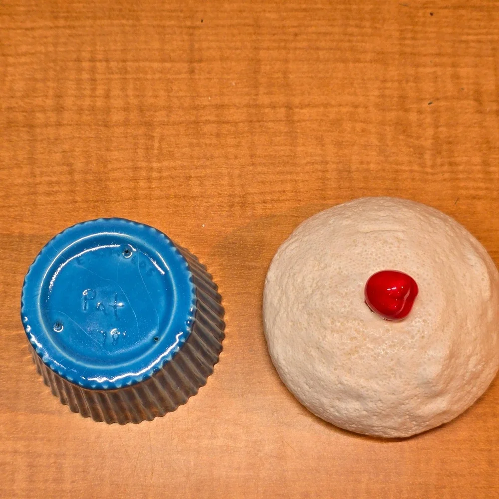 Ceramic‎ Cupcake Shaped Dish Handmade 1978 Glazed Blue Cherry 4